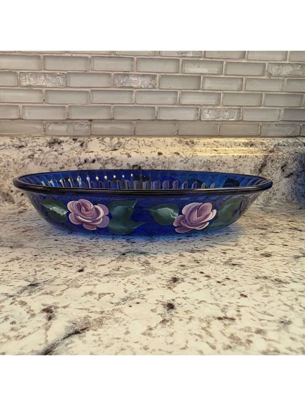 Colorex Hand Painted Cobalt Blue Glass Bowl With Floral Design Made in Brazil